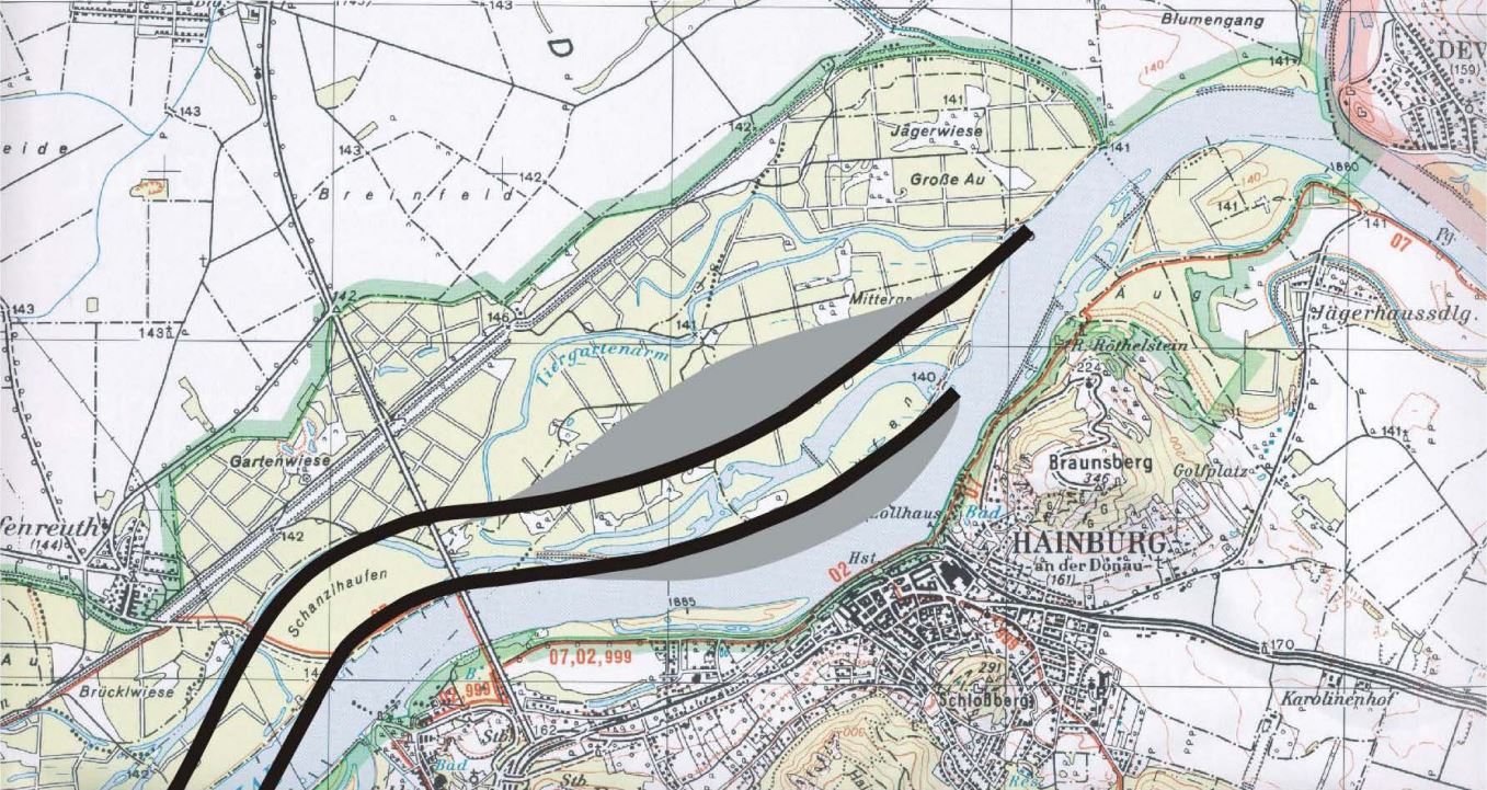 Plan für das Donaukraftwerk Hainburg und die Umverlegung der Donau aus dem Jahr 1984