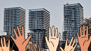 Hochhäuser im Hintergrund, davor gezeichnete hochgestreckte Hände
