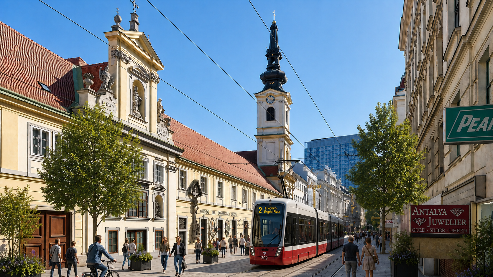 Mögliche Zukunft auf der Taborstraße mit Fußgängerzone